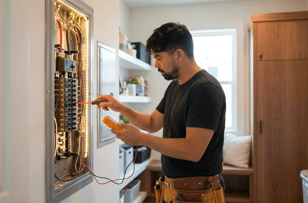 Adely testing an electrical panel with a multimeter